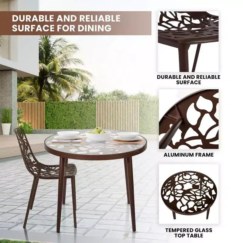 LeisureMod Devon Ensemble de salle à manger d'extérieur 3 pièces en aluminium avec table en verre trempé et 2 chaises empilables motif fleur