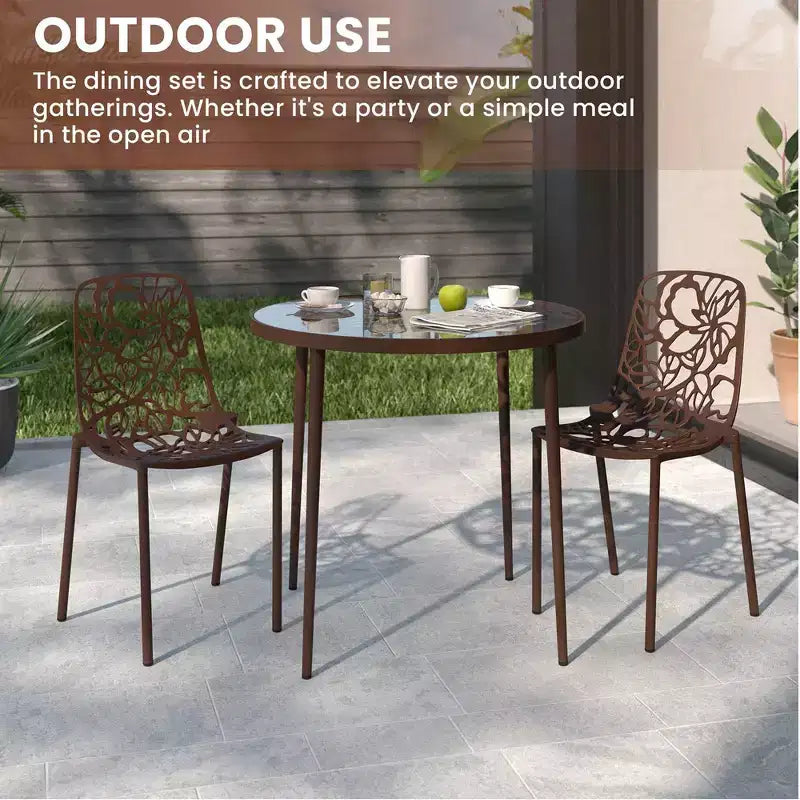 LeisureMod Devon Ensemble de salle à manger d'extérieur 3 pièces en aluminium avec table en verre trempé et 2 chaises empilables motif fleur