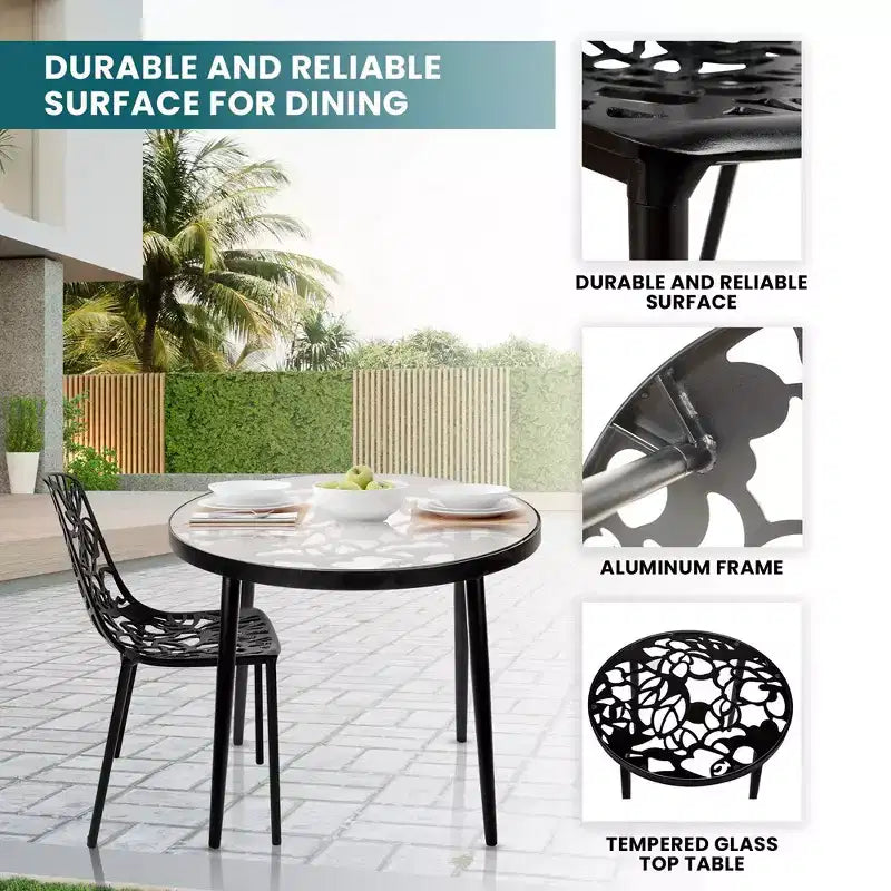 LeisureMod Devon Ensemble de salle à manger d'extérieur 3 pièces en aluminium avec table en verre trempé et 2 chaises empilables motif fleur