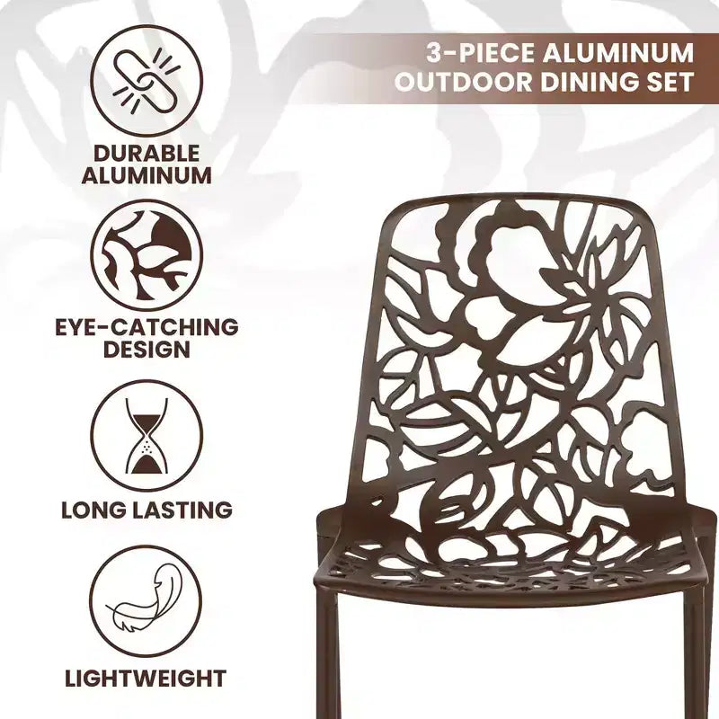 LeisureMod Devon Ensemble de salle à manger d'extérieur 3 pièces en aluminium avec table en verre trempé et 2 chaises empilables motif fleur