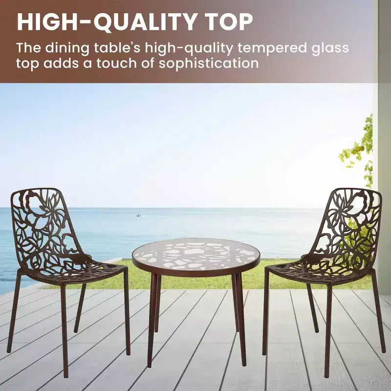 LeisureMod Devon Ensemble de salle à manger d'extérieur 3 pièces en aluminium avec table en verre trempé et 2 chaises empilables motif fleur