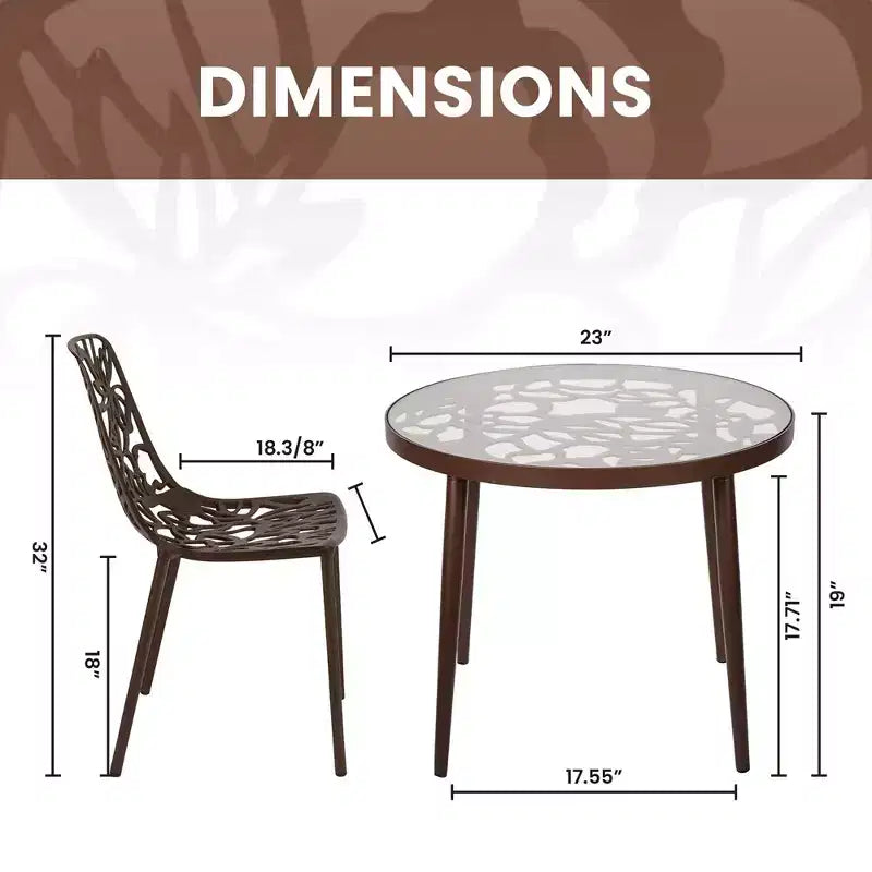 LeisureMod Devon Ensemble de salle à manger d'extérieur 3 pièces en aluminium avec table en verre trempé et 2 chaises empilables motif fleur