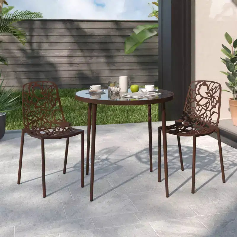 LeisureMod Devon Ensemble de salle à manger d'extérieur 3 pièces en aluminium avec table en verre trempé et 2 chaises empilables motif fleur
