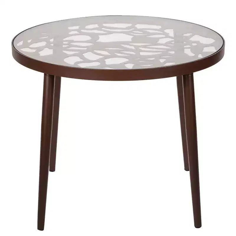 LeisureMod Devon Ensemble de salle à manger d'extérieur 3 pièces en aluminium avec table en verre trempé et 2 chaises empilables motif fleur