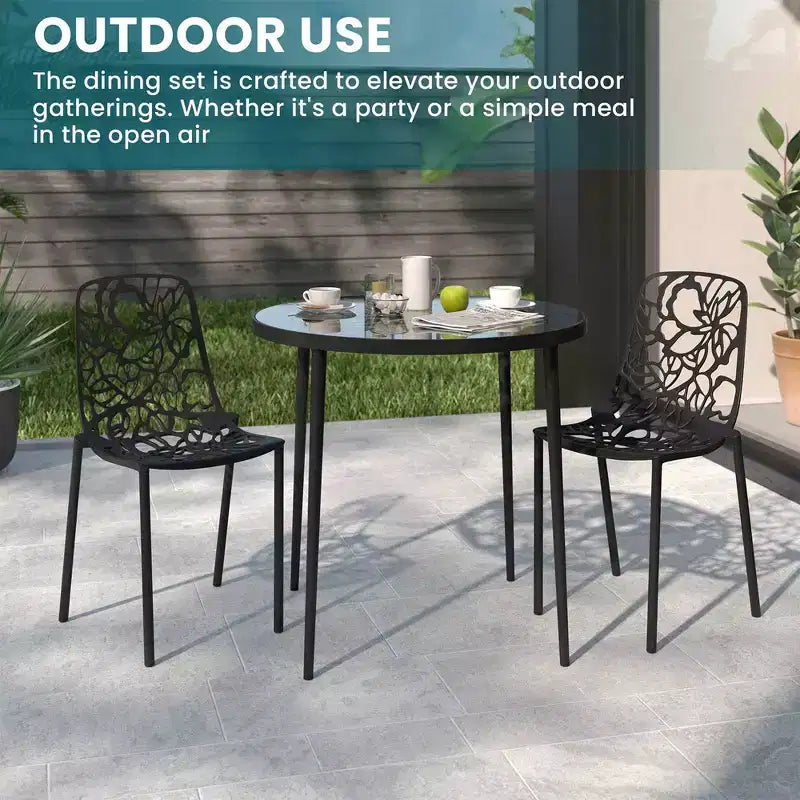 LeisureMod Devon Ensemble de salle à manger d'extérieur 3 pièces en aluminium avec table en verre trempé et 2 chaises empilables motif fleur
