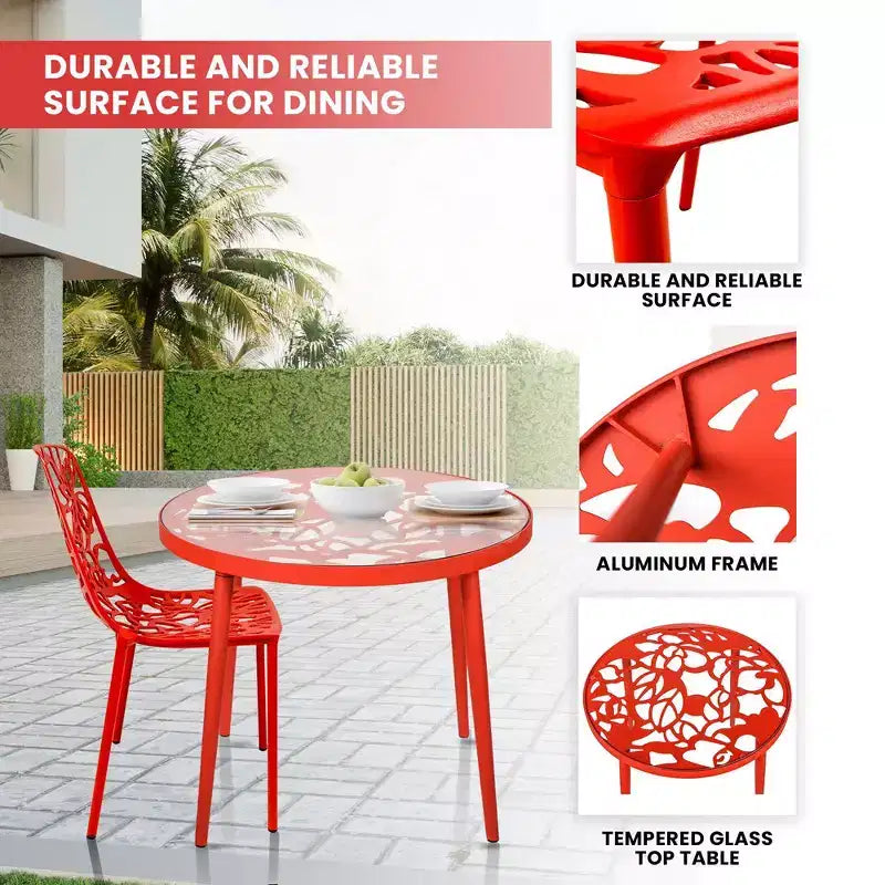 LeisureMod Devon Ensemble de salle à manger d'extérieur 3 pièces en aluminium avec table en verre trempé et 2 chaises empilables motif fleur