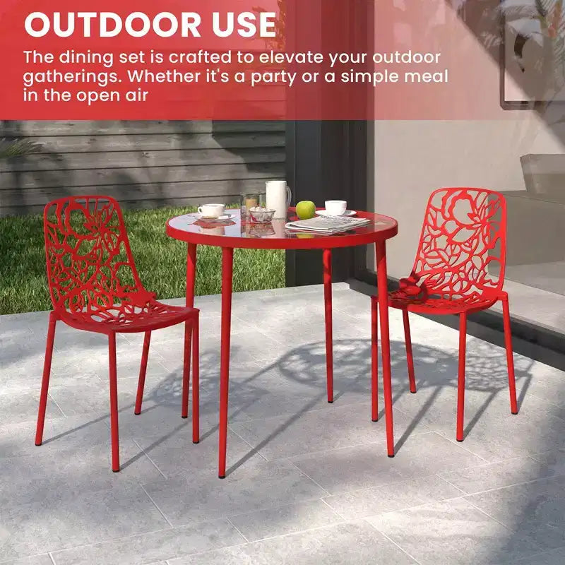 LeisureMod Devon Ensemble de salle à manger d'extérieur 3 pièces en aluminium avec table en verre trempé et 2 chaises empilables motif fleur
