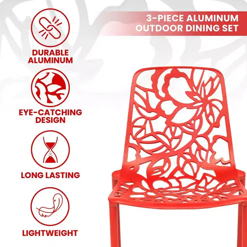 LeisureMod Devon Ensemble de salle à manger d'extérieur 3 pièces en aluminium avec table en verre trempé et 2 chaises empilables motif fleur