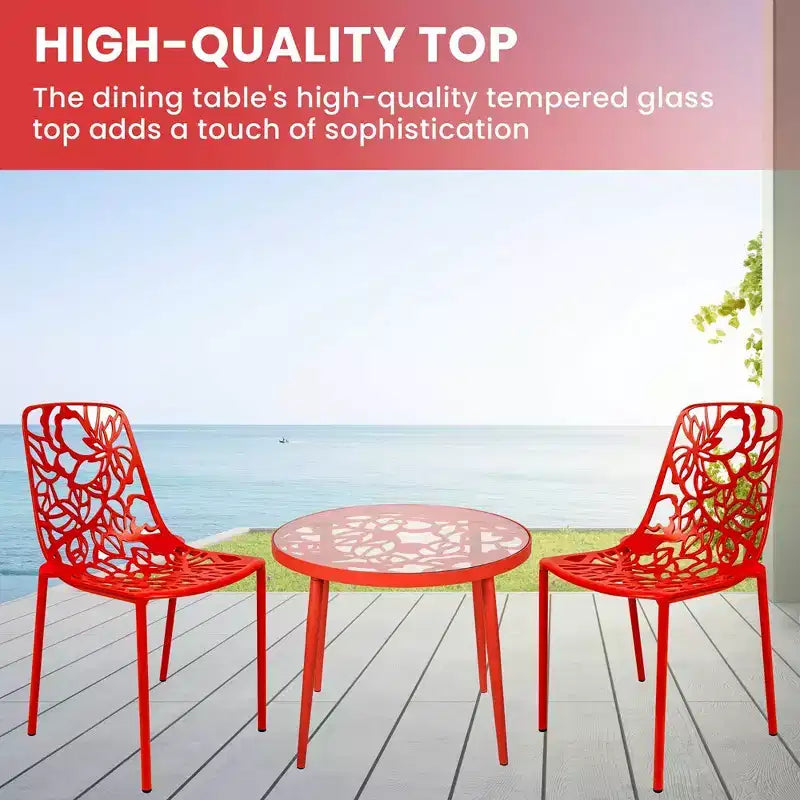LeisureMod Devon Ensemble de salle à manger d'extérieur 3 pièces en aluminium avec table en verre trempé et 2 chaises empilables motif fleur