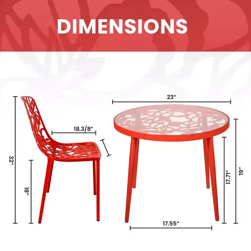 LeisureMod Devon Ensemble de salle à manger d'extérieur 3 pièces en aluminium avec table en verre trempé et 2 chaises empilables motif fleur