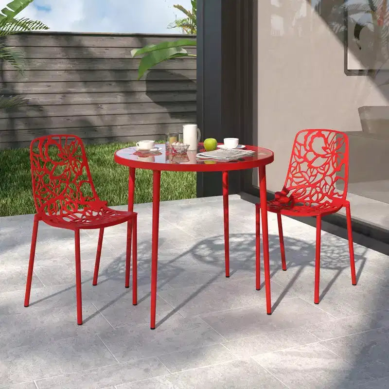 LeisureMod Devon Ensemble de salle à manger d'extérieur 3 pièces en aluminium avec table en verre trempé et 2 chaises empilables motif fleur