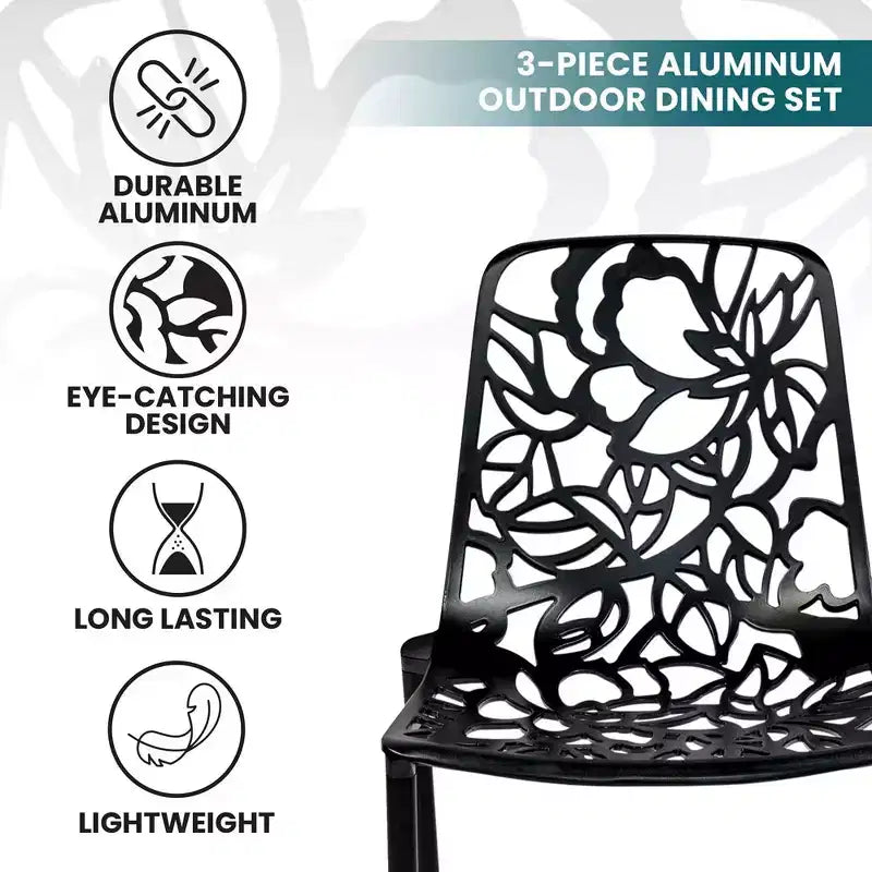 LeisureMod Devon Ensemble de salle à manger d'extérieur 3 pièces en aluminium avec table en verre trempé et 2 chaises empilables motif fleur