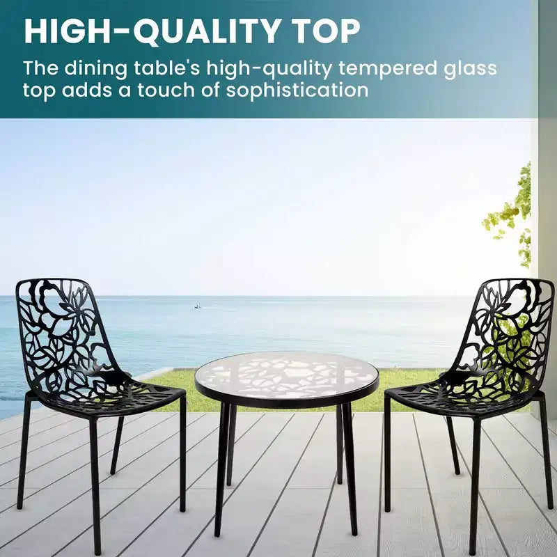 LeisureMod Devon Ensemble de salle à manger d'extérieur 3 pièces en aluminium avec table en verre trempé et 2 chaises empilables motif fleur