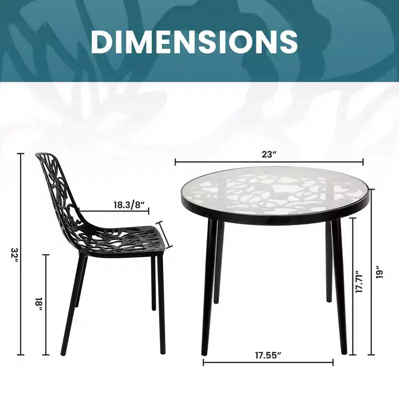 LeisureMod Devon Ensemble de salle à manger d'extérieur 3 pièces en aluminium avec table en verre trempé et 2 chaises empilables motif fleur