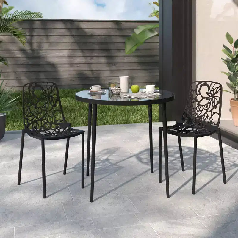 LeisureMod Devon Ensemble de salle à manger d'extérieur 3 pièces en aluminium avec table en verre trempé et 2 chaises empilables motif fleur
