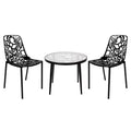 LeisureMod Devon 3-Piece Aluminum Outdoor Patio Dining Set with Tempered Glass Top Table and 2 Stackable Flower Design Chairs