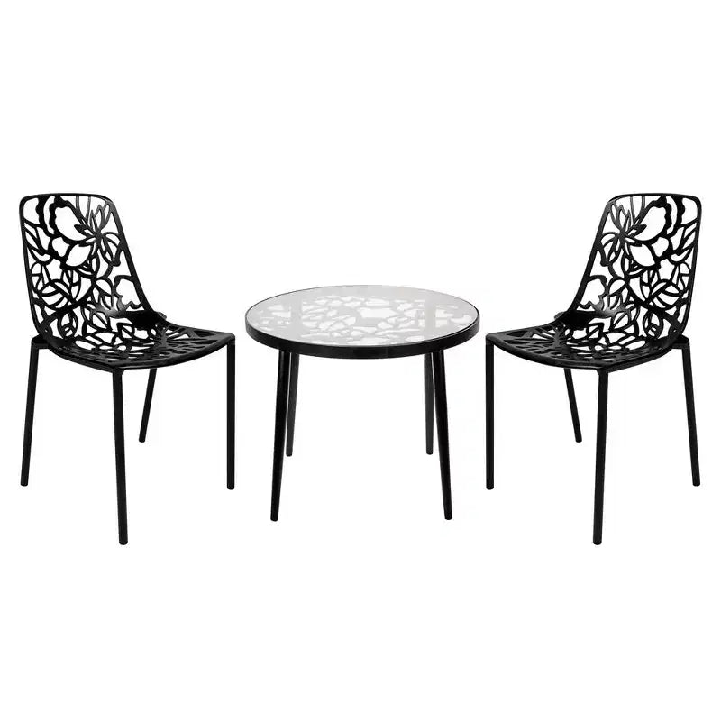 LeisureMod Devon 3-Piece Aluminum Outdoor Patio Dining Set with Tempered Glass Top Table and 2 Stackable Flower Design Chairs