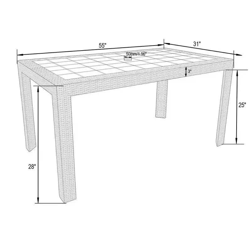 Ensemble de salle à manger d'extérieur rectangulaire 7 pièces LeisureMod Mace Mid-Century avec 4 chaises d'appoint et 2 fauteuils
