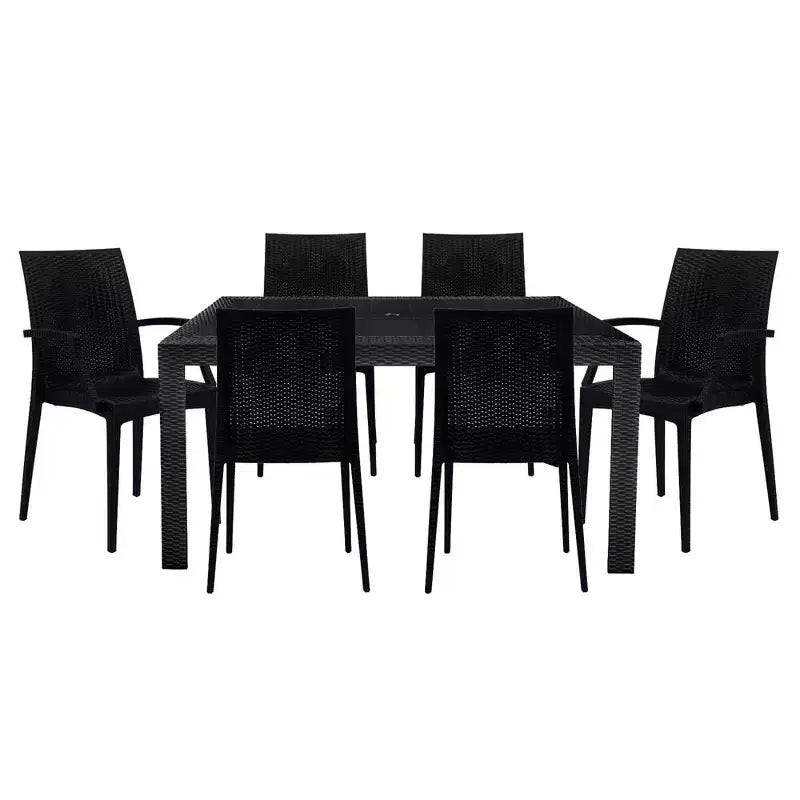 LeisureMod Mace Mid-Century 7-Piece Rectangular Outdoor Dining Set with 4 Side Chairs and 2 Armchairs