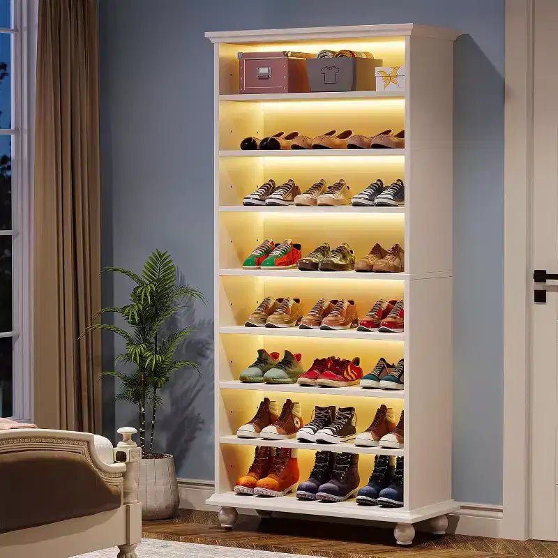 Meuble de rangement pour chaussures 9 niveaux 30 paires avec LED et pieds en bois massif