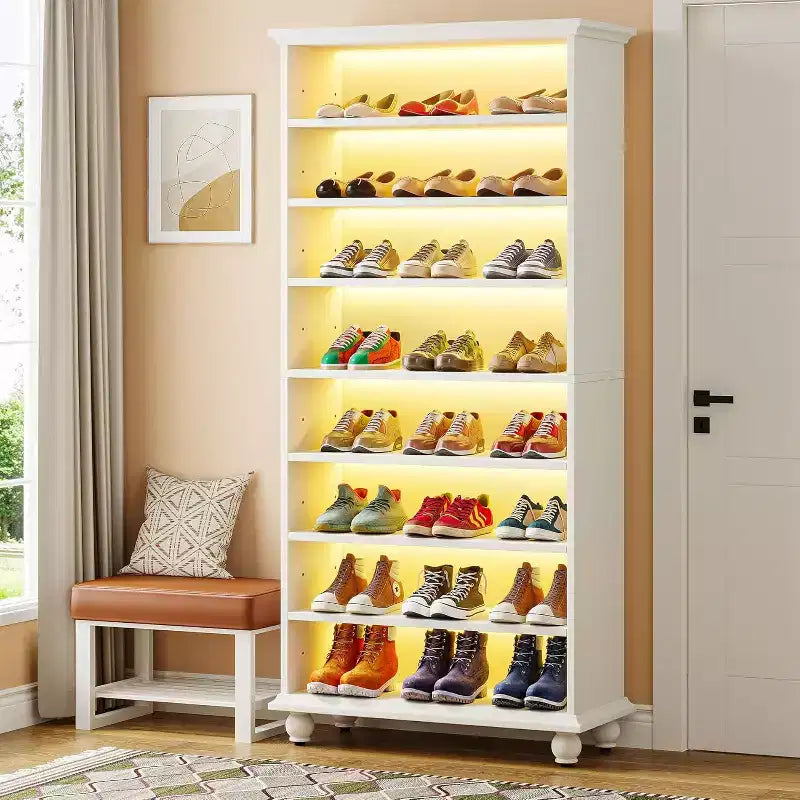 Meuble de rangement pour chaussures 9 niveaux 30 paires avec LED et pieds en bois massif