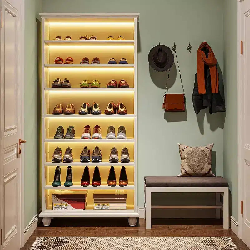 Meuble de rangement pour chaussures 9 niveaux 30 paires avec LED et pieds en bois massif