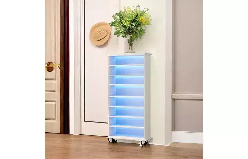 Meuble de rangement pour chaussures 9 niveaux 30 paires avec LED et pieds en bois massif