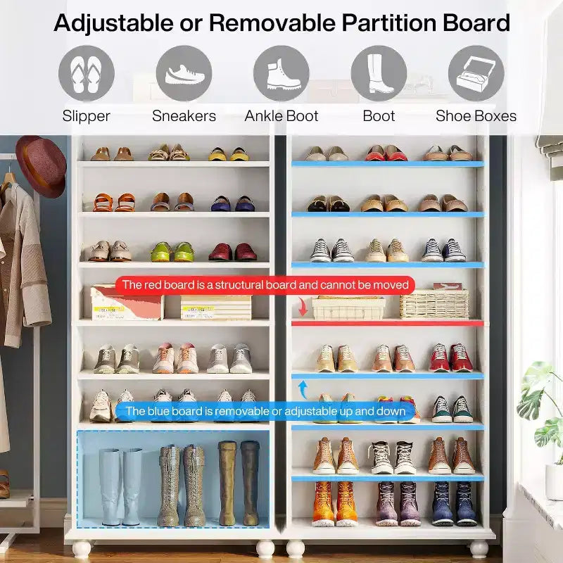 Meuble de rangement pour chaussures 9 niveaux 30 paires avec LED et pieds en bois massif