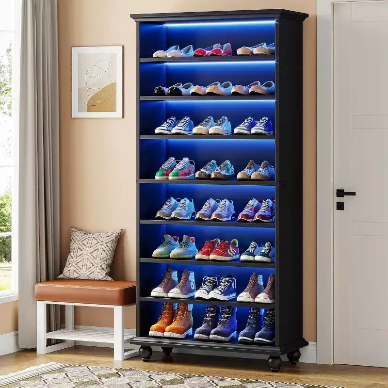 Meuble de rangement pour chaussures 9 niveaux 30 paires avec LED et pieds en bois massif