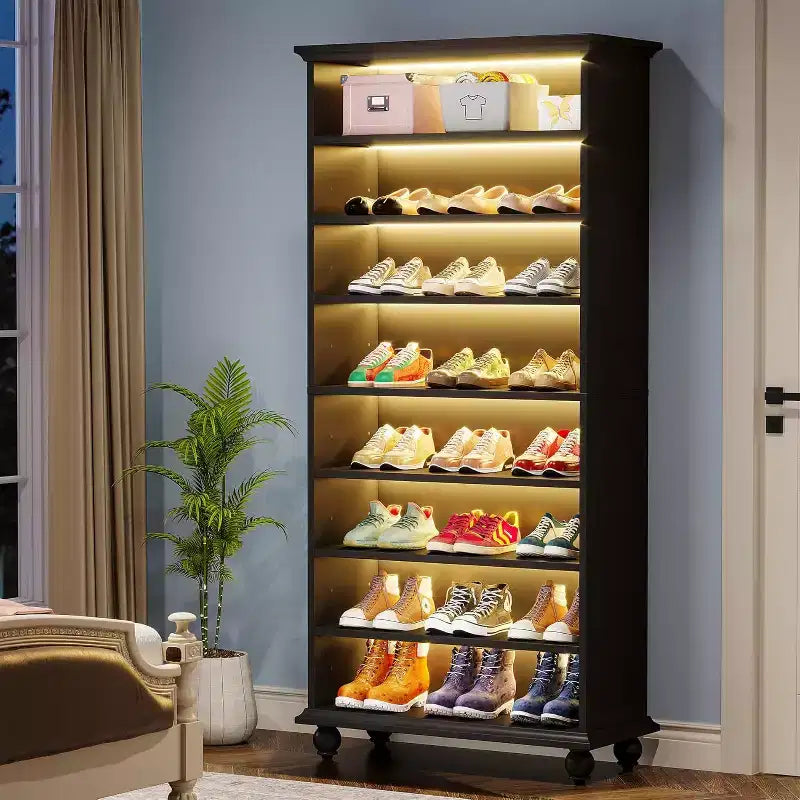 Meuble de rangement pour chaussures 9 niveaux 30 paires avec LED et pieds en bois massif
