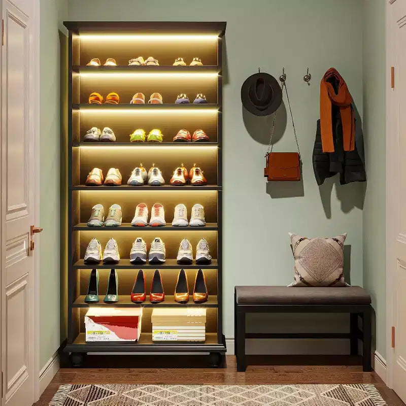 Meuble de rangement pour chaussures 9 niveaux 30 paires avec LED et pieds en bois massif