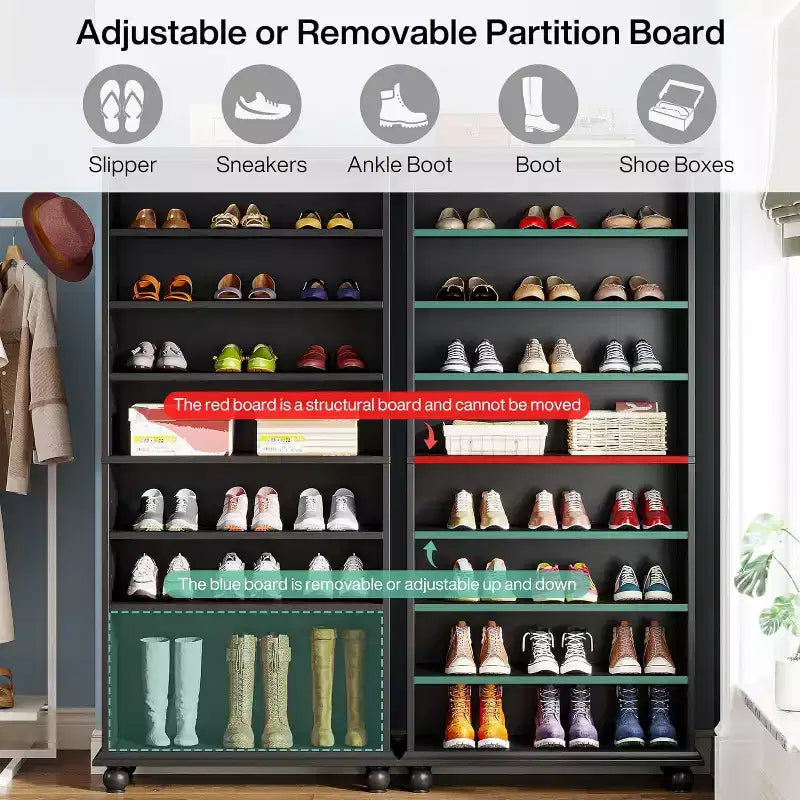 Meuble de rangement pour chaussures 9 niveaux 30 paires avec LED et pieds en bois massif