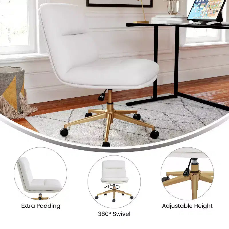Chaise de bureau pivotante sans accoudoirs à dossier mi-haut avec roulettes, dossier/siège rembourrés et matelassés, hauteur réglable et cadre robuste