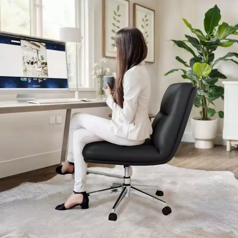 Chaise de bureau pivotante sans accoudoirs à dossier mi-haut avec roulettes, dossier/siège rembourrés et matelassés, hauteur réglable et cadre robuste