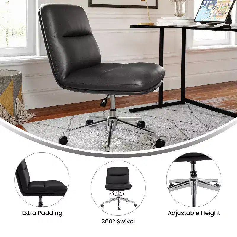 Chaise de bureau pivotante sans accoudoirs à dossier mi-haut avec roulettes, dossier/siège rembourrés et matelassés, hauteur réglable et cadre robuste
