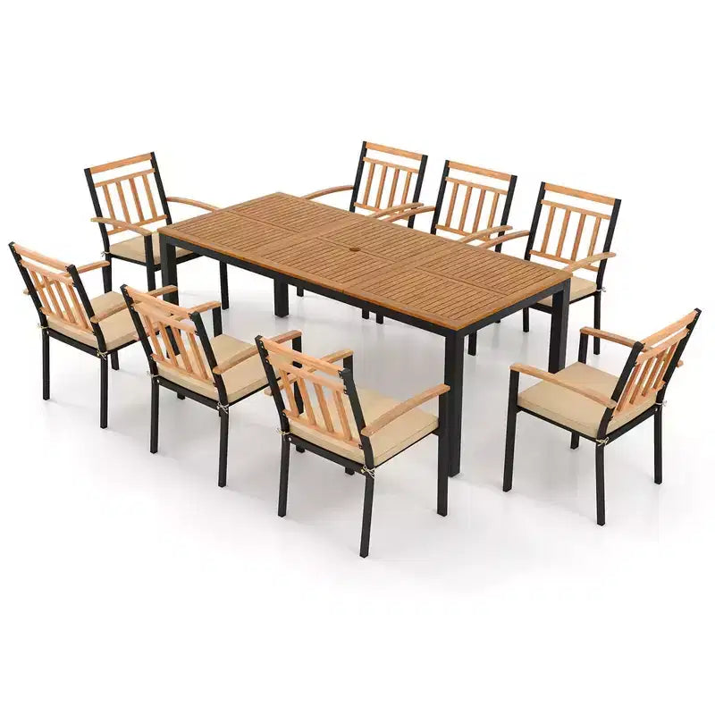Costway Ensemble table et chaises de jardin 9 pièces avec plateau en bois d'acacia et trou pour parasol
