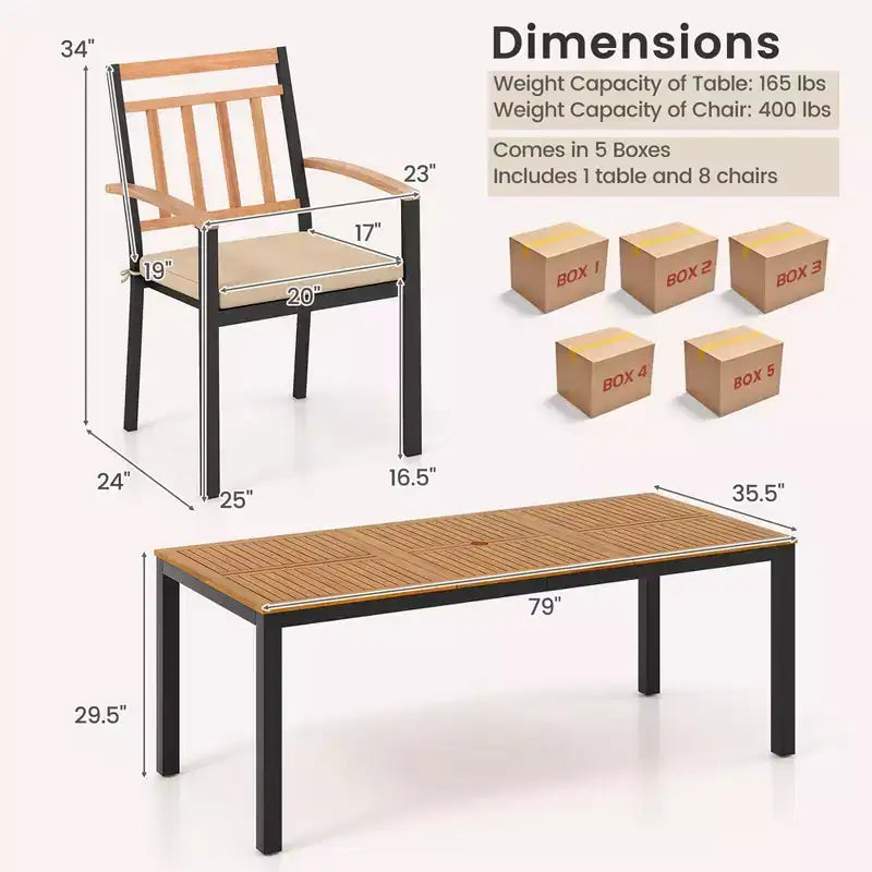 Costway Ensemble table et chaises de jardin 9 pièces avec plateau en bois d'acacia et trou pour parasol