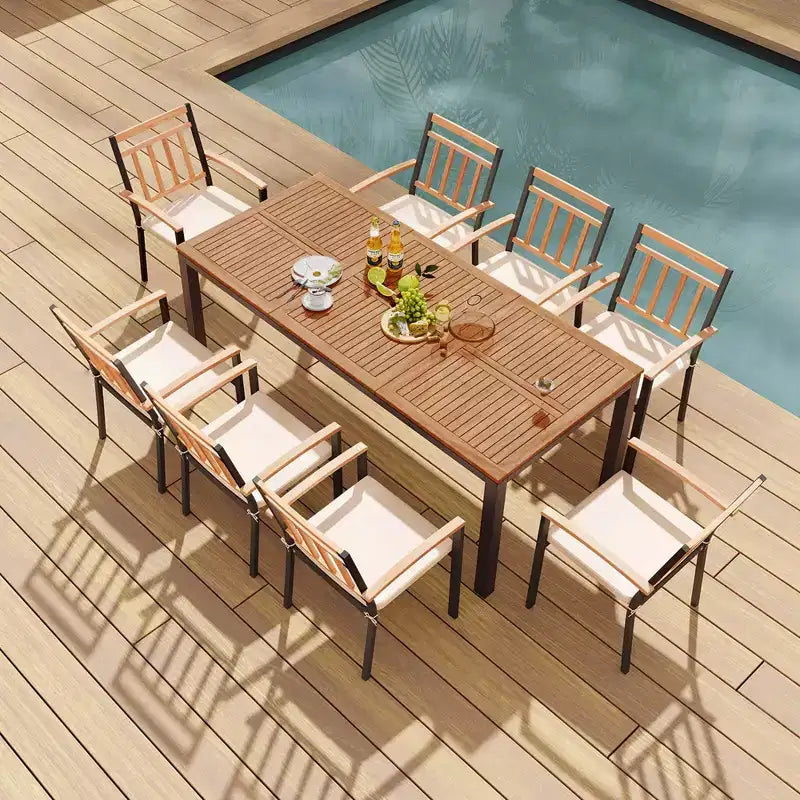 Costway Ensemble table et chaises de jardin 9 pièces avec plateau en bois d'acacia et trou pour parasol