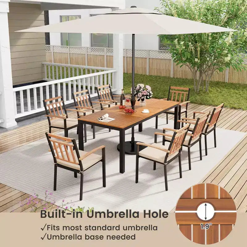 Costway Ensemble table et chaises de jardin 9 pièces avec plateau en bois d'acacia et trou pour parasol