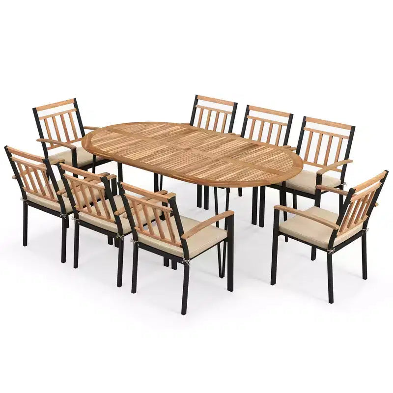 Costway Ensemble de salle à manger d'extérieur 9 pièces avec plateau en bois d'acacia et trou pour parasol en métal