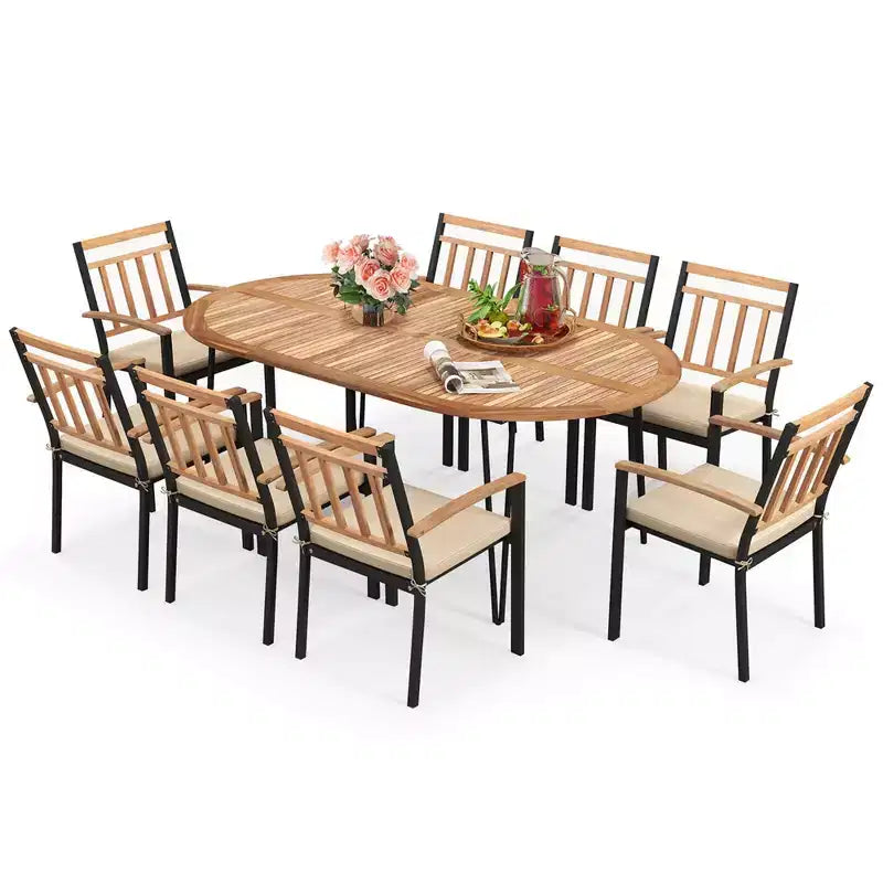 Costway Ensemble de salle à manger d'extérieur 9 pièces avec plateau en bois d'acacia et trou pour parasol en métal
