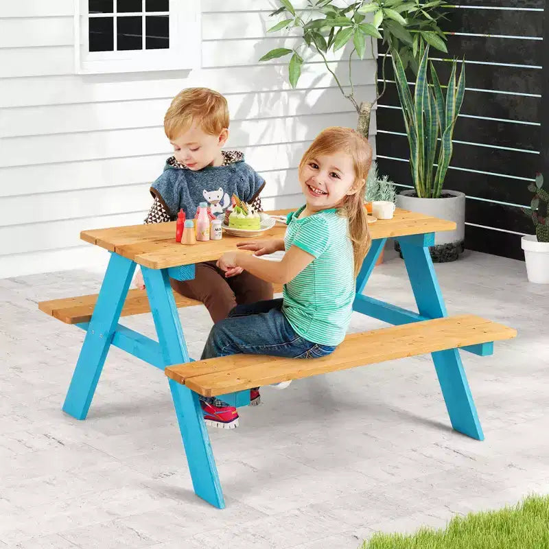 Costway Table de pique-nique pour enfants, table en bois avec bancs pour l'extérieur, jardin