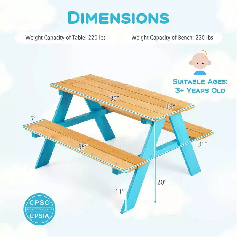 Costway Table de pique-nique pour enfants, table en bois avec bancs pour l'extérieur, jardin
