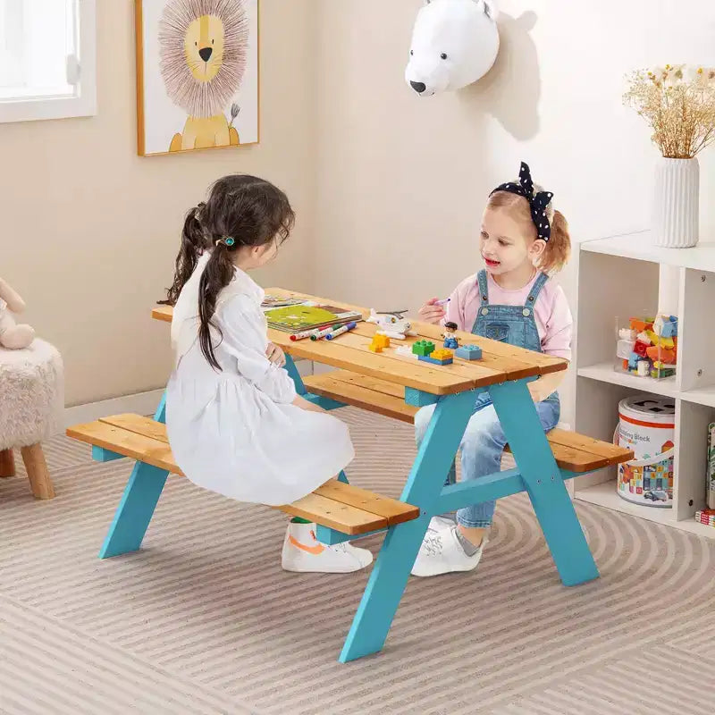 Costway Table de pique-nique pour enfants, table en bois avec bancs pour l'extérieur, jardin