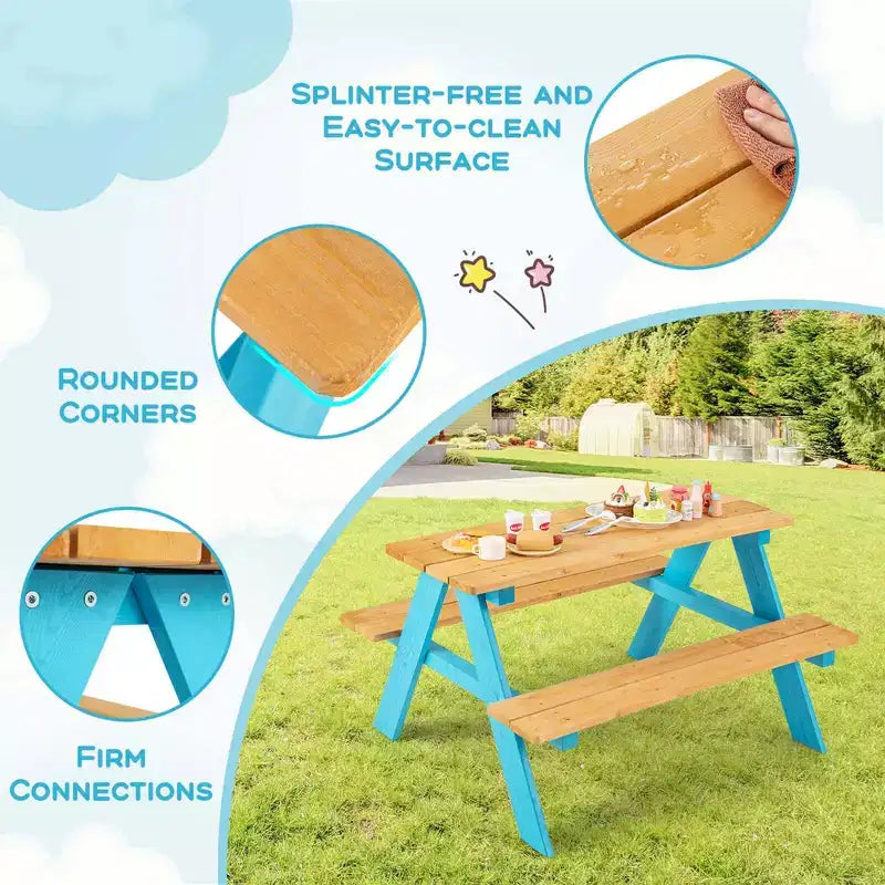 Costway Table de pique-nique pour enfants, table en bois avec bancs pour l'extérieur, jardin