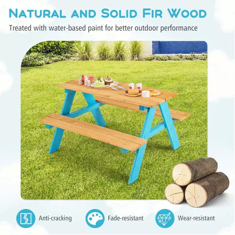 Costway Table de pique-nique pour enfants, table en bois avec bancs pour l'extérieur, jardin
