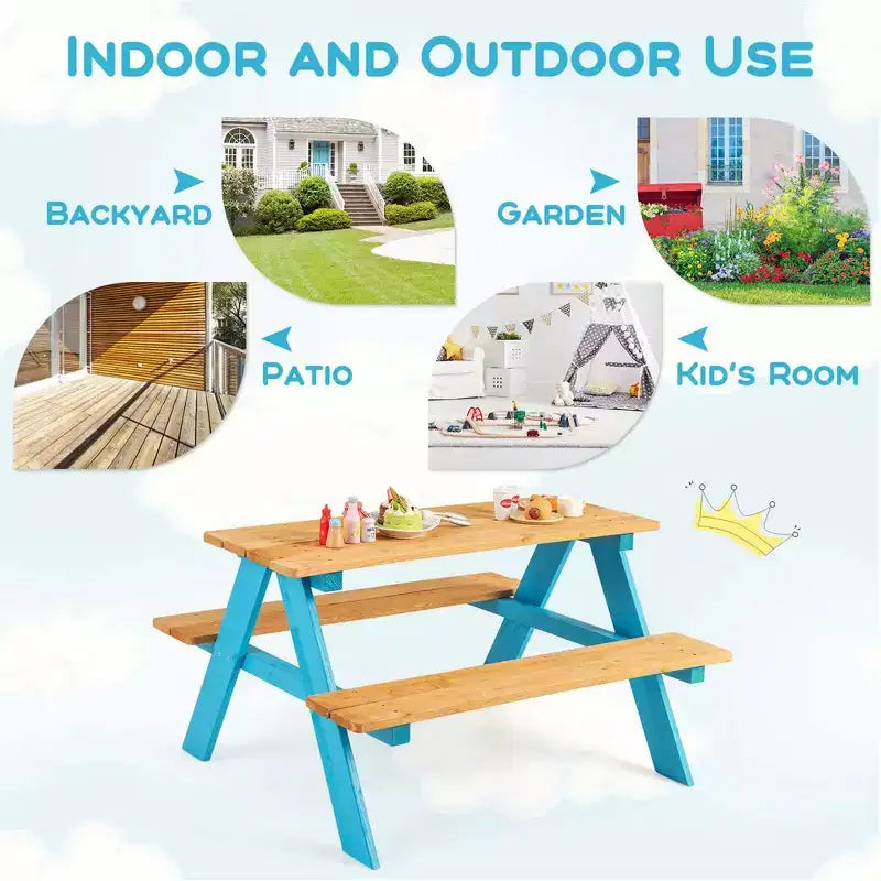 Costway Table de pique-nique pour enfants, table en bois avec bancs pour l'extérieur, jardin