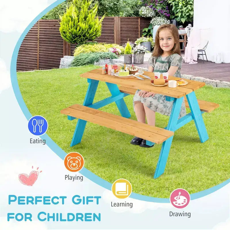 Costway Table de pique-nique pour enfants, table en bois avec bancs pour l'extérieur, jardin