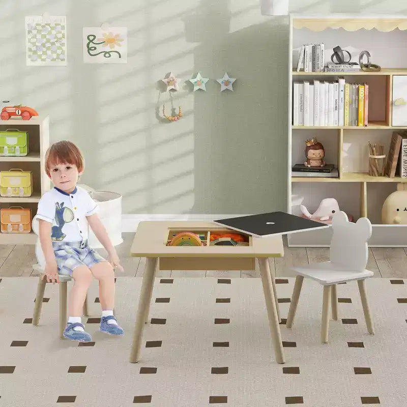 Ensemble table et chaises 3 pièces Qaba pour enfants, ensemble table et chaises 3 en 1 pour tout-petits avec bureau convertible et rangement pour la crèche, la salle de classe, la salle de jeux