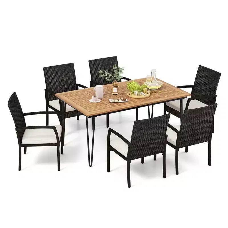 Ensemble de salle à manger d'extérieur Costway 7 pièces avec table en bois d'acacia, fauteuils en rotin et coussins moelleux